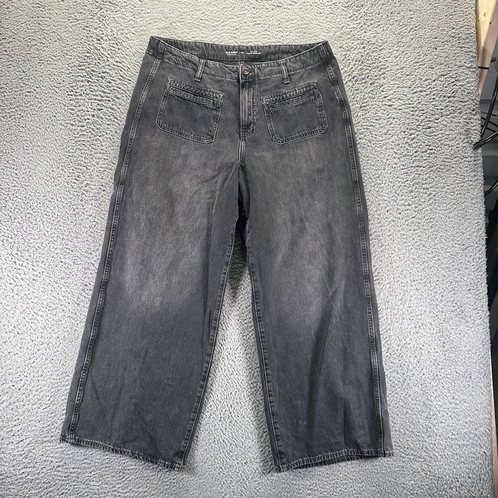 Old Navy Drapey Jeans Women 16 Gray Cotton Denim Wide-Leg Faded High-Rise Baggy - Picture 1 of 11